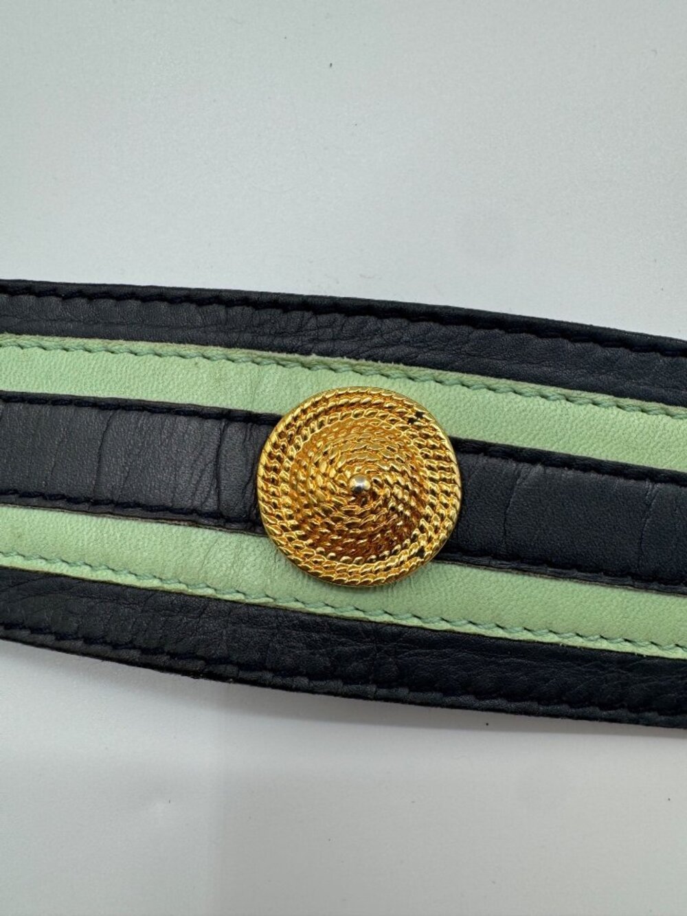 Vintage Escada Belt West Germany Navy/Green Gold Medallion Leather Belt EU 38 /S - Picture 12 of 12